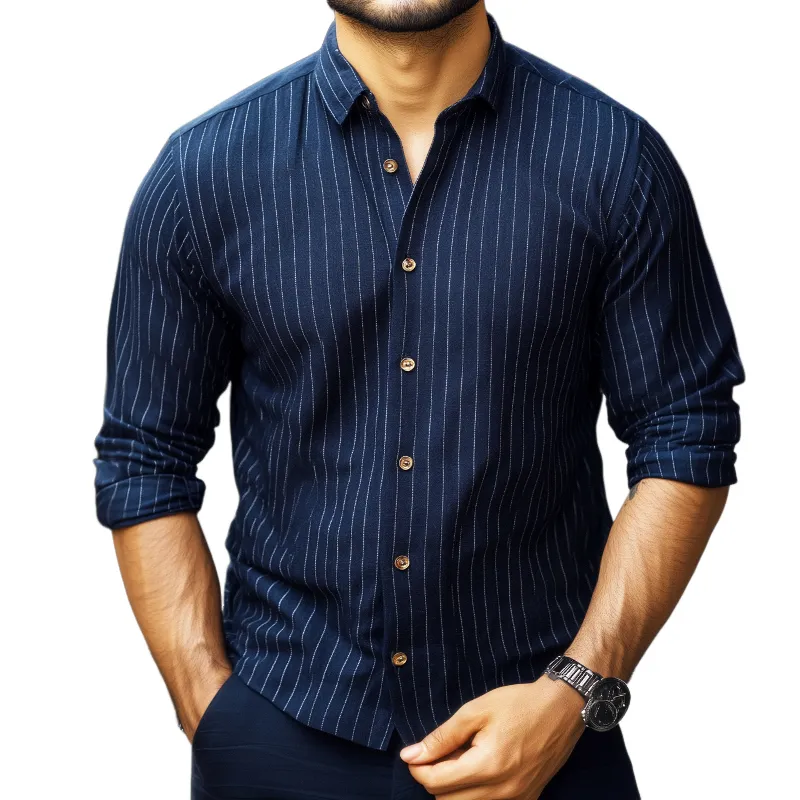 Men's Retro Casual Striped Linen Lapel Long Sleeve Shirt 03270909TO sold by Manly