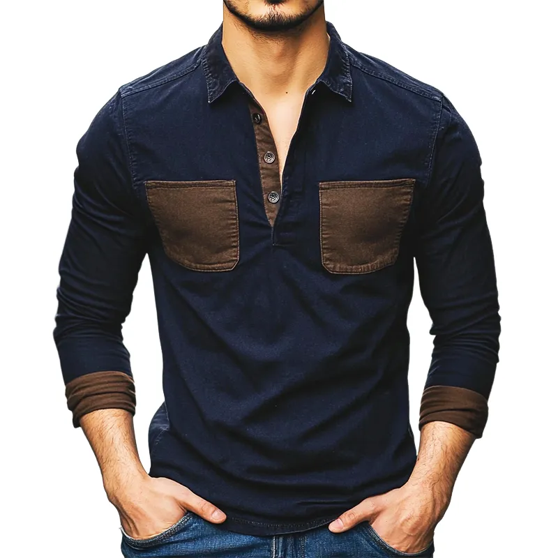 Men's Retro Casual Colorblock Distressed Lapel Long Sleeve Shirt 71000130TO sold by Manly