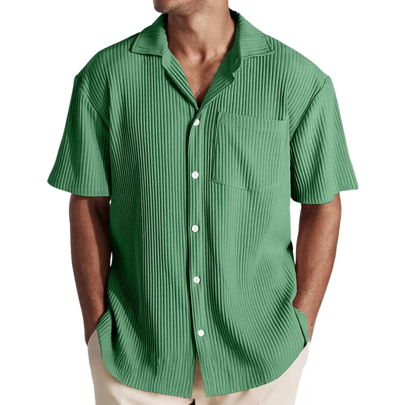 Men's Retro Casual Ribbed Pocket Lapel Short Sleeve Shirt 90116565TO sold by Manly