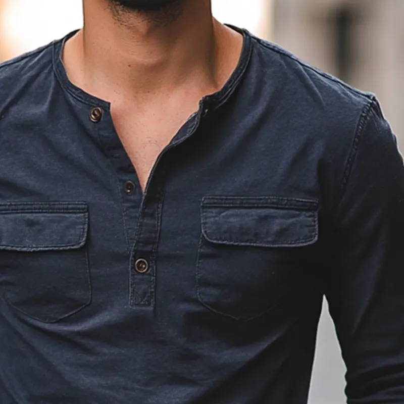 Men's Vintage Casual Distressed Pocket Henley Neck Long Sleeve T-Shirt 67133210TO sold by Manly product image thumbnail 3