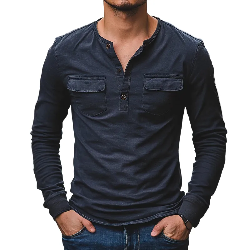 Men's Vintage Casual Distressed Pocket Henley Neck Long Sleeve T-Shirt 67133210TO sold by Manly