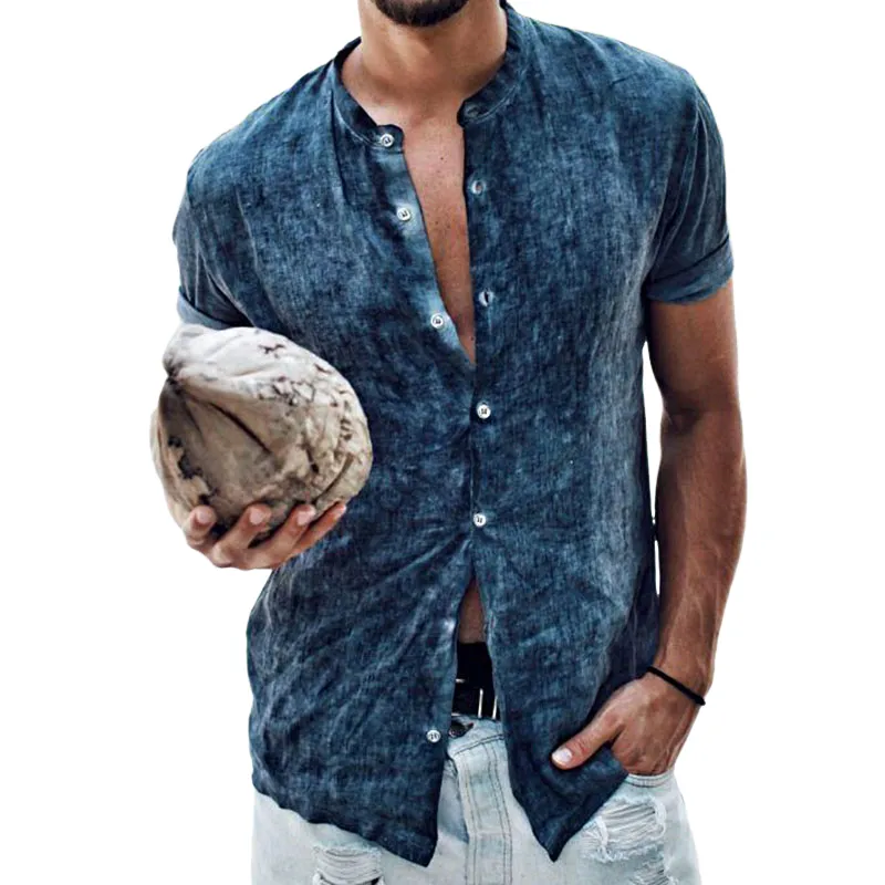 Men's Retro Casual Gradient Print Stand Collar Short Sleeve Shirt 86696846TO sold by Manly