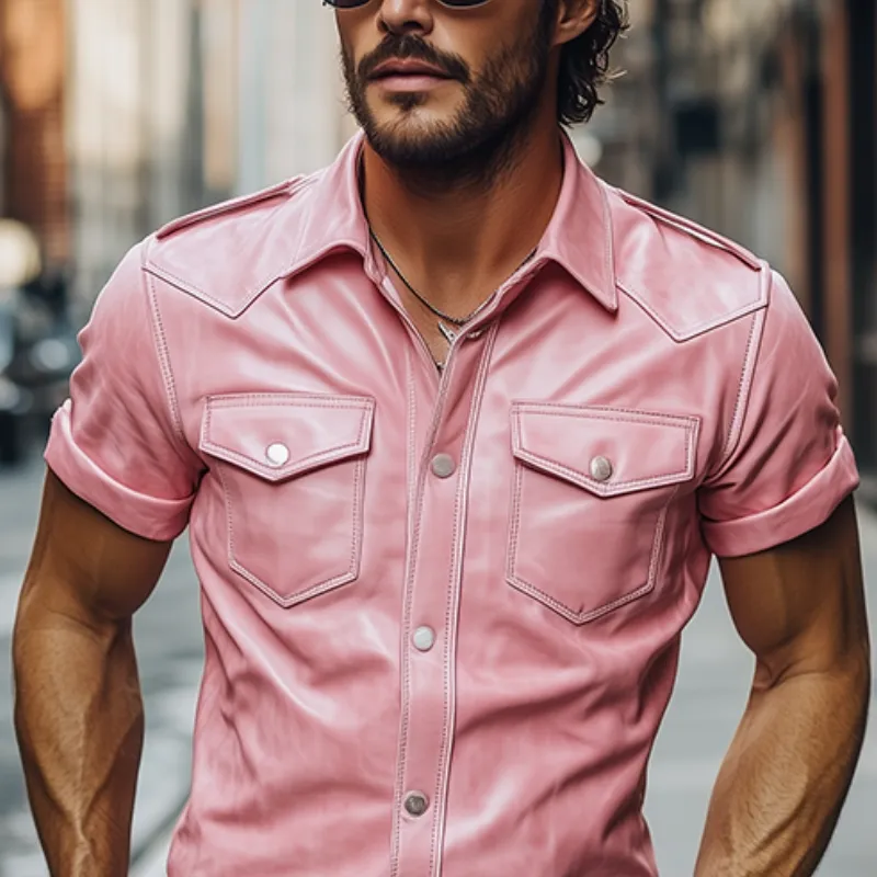 Men's Classic Vintage Slim Fit Solid Color Leather Western Style Short Sleeve Shirt 29259622K sold by Manly product image thumbnail 4
