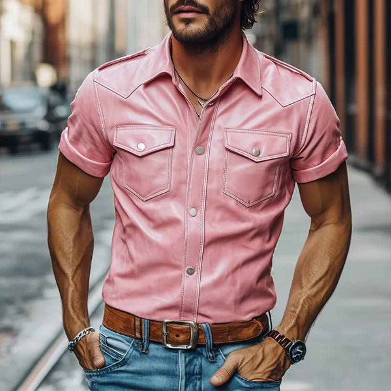 Men's Classic Vintage Slim Fit Solid Color Leather Western Style Short Sleeve Shirt 29259622K sold by Manly product image thumbnail 3