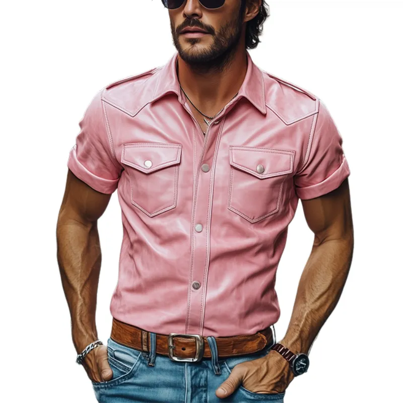 Men's Classic Vintage Slim Fit Solid Color Leather Western Style Short Sleeve Shirt 29259622K sold by Manly