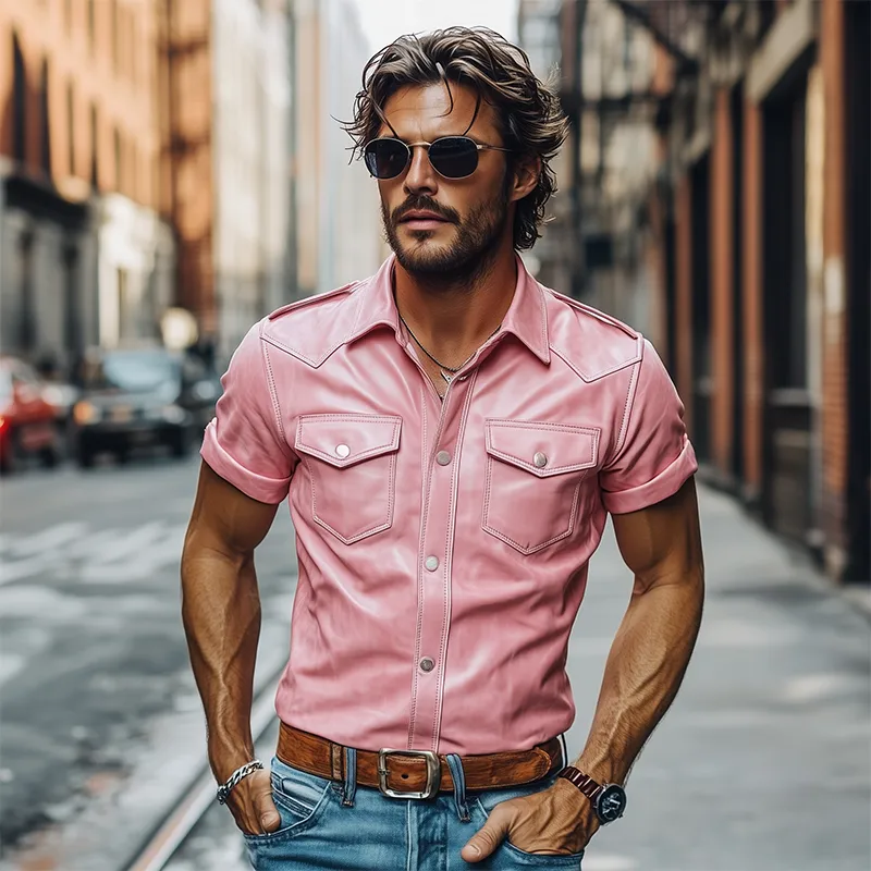 Men's Classic Vintage Slim Fit Solid Color Leather Western Style Short Sleeve Shirt 29259622K sold by Manly product image thumbnail 2