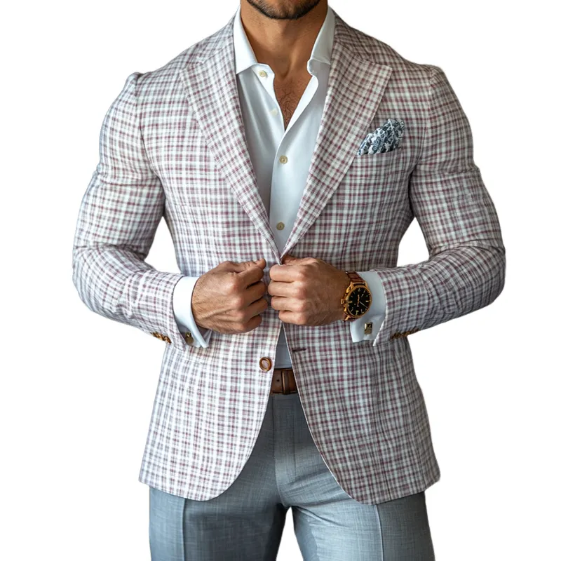 【24-hour shipping out】Men's Fashion Spring Summer Checked Notch Lapel Two Buttons Blazer 27493292Z sold by Manly
