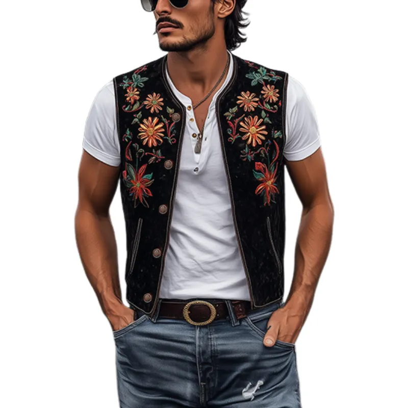 Men's Classic Retro Western Cowboy Style Embroidered Suede Vest 02667897K sold by Manly