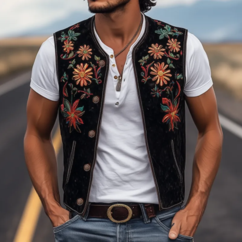 Men's Classic Retro Western Cowboy Style Embroidered Suede Vest 02667897K sold by Manly product image thumbnail 3