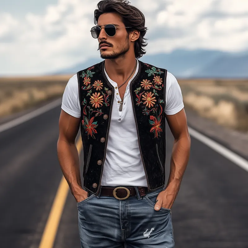 Men's Classic Retro Western Cowboy Style Embroidered Suede Vest 02667897K sold by Manly product image thumbnail 2
