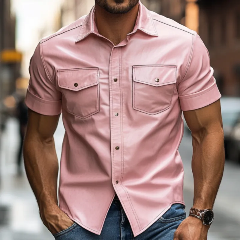 Men's Classic Casual Slim Fit Solid Color Leather Short Sleeve Shirt 15206682K sold by Manly product image thumbnail 3