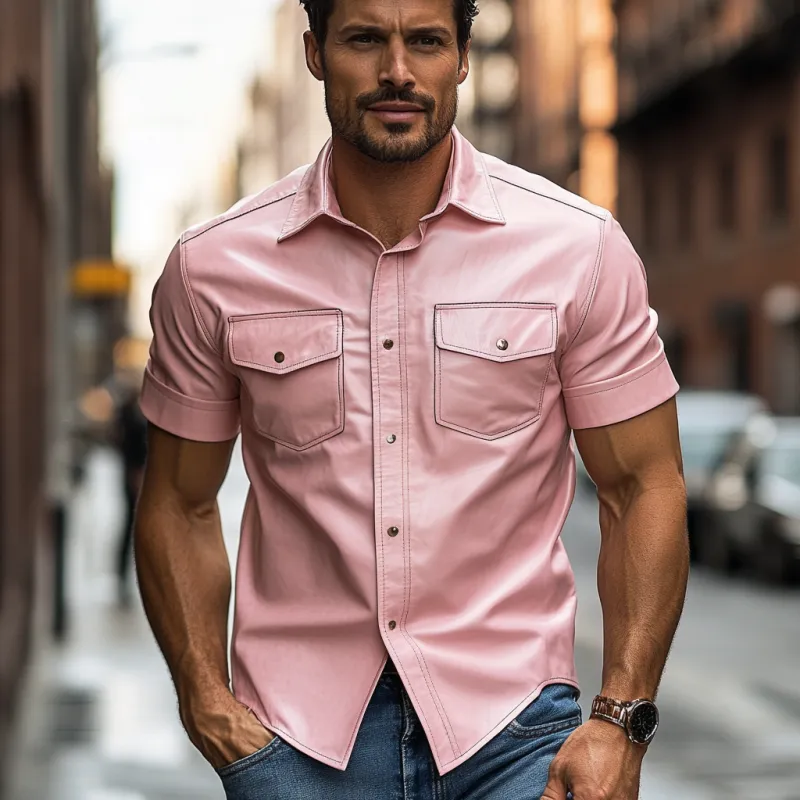 Men's Classic Casual Slim Fit Solid Color Leather Short Sleeve Shirt 15206682K sold by Manly product image thumbnail 2