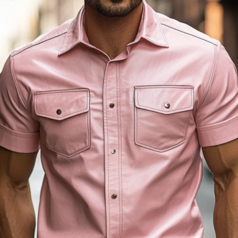 Men's Classic Casual Slim Fit Solid Color Leather Short Sleeve Shirt 15206682K sold by Manly product image thumbnail 4