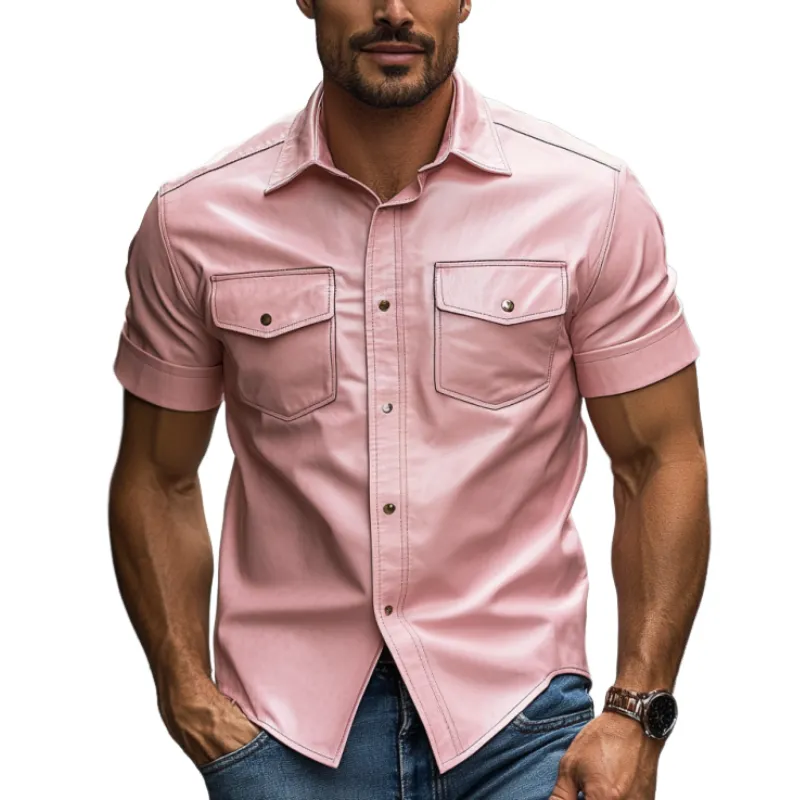 Men's Classic Casual Slim Fit Solid Color Leather Short Sleeve Shirt 15206682K sold by Manly