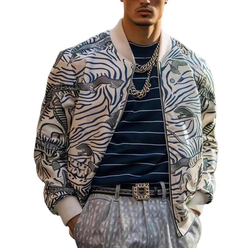 Men's Vintage Print Zip-Up Bomber Jacket 67382323U sold by Manly