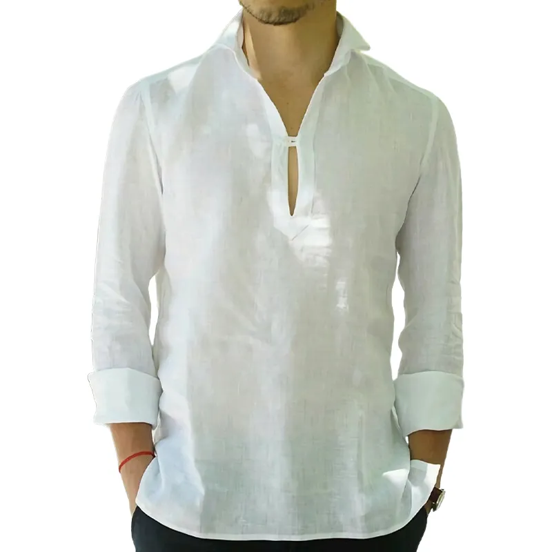 Men's Casual Cotton and Linen Button V-Neck Long Sleeve T-Shirt 89946779U sold by Manly product image thumbnail 3