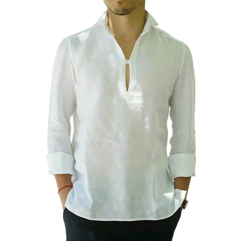 Men's Casual Cotton and Linen Button V-Neck Long Sleeve T-Shirt 89946779U sold by Manly