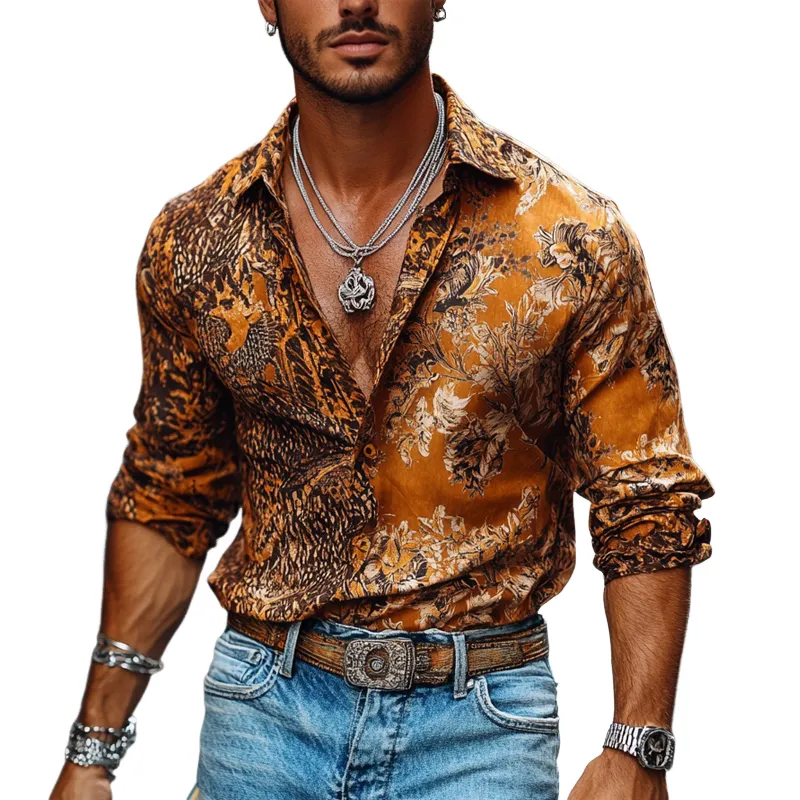 Men's Orange Vintage Print Long Sleeve Shirt 23819387U sold by Manly