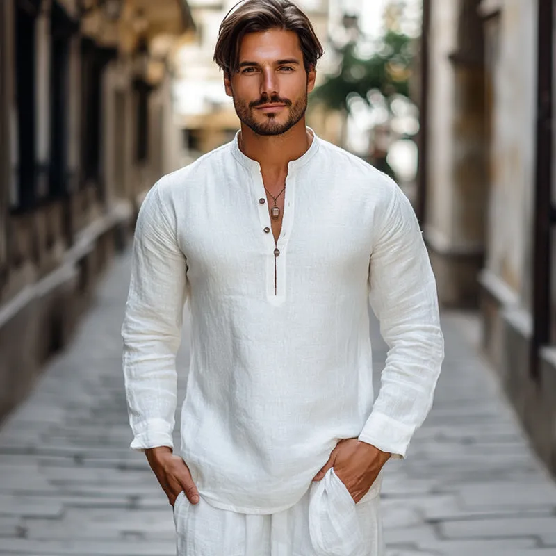 Men's White Cotton and Linen Henley Collar Long Sleeve T-Shirt 71148480U sold by Manly product image thumbnail 3