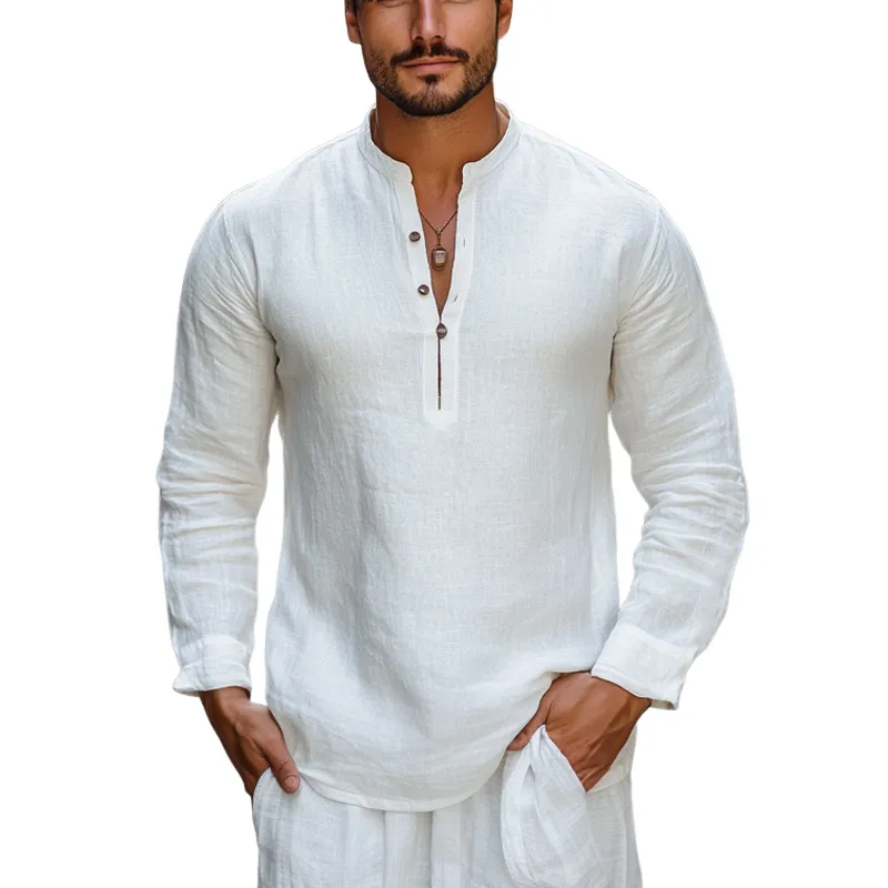 Men's White Cotton and Linen Henley Collar Long Sleeve T-Shirt 71148480U sold by Manly