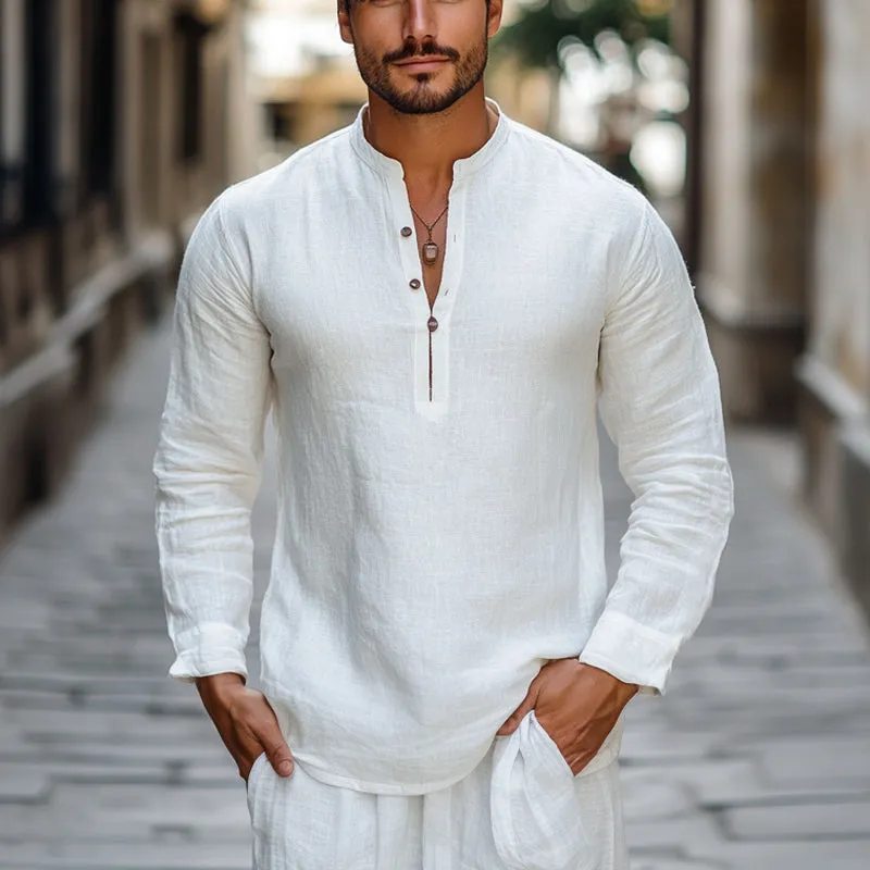 Men's White Cotton and Linen Henley Collar Long Sleeve T-Shirt 71148480U sold by Manly product image thumbnail 2