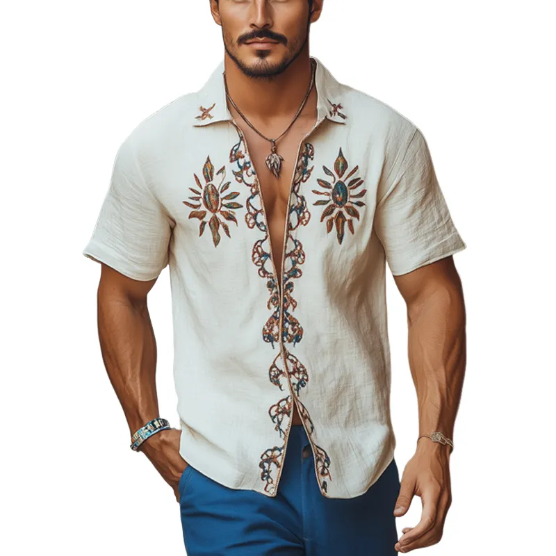 Men's Cotton and Linen Vintage Embroidered Short-sleeved Shirt 16049900U sold by Manly