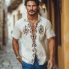 Men's Cotton and Linen Vintage Embroidered Short-sleeved Shirt 16049900U sold by Manly