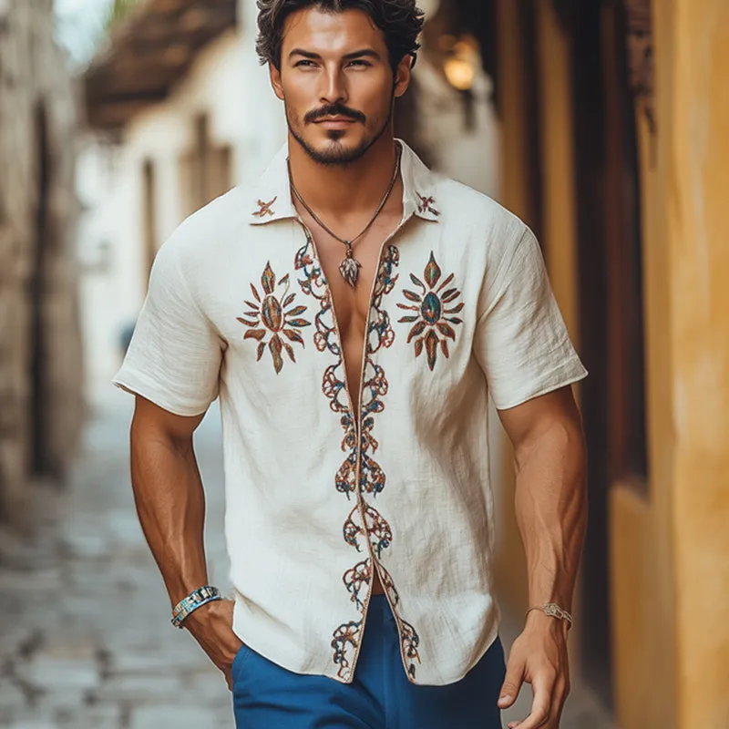 Men's Cotton and Linen Vintage Embroidered Short-sleeved Shirt 16049900U sold by Manly product image thumbnail 2