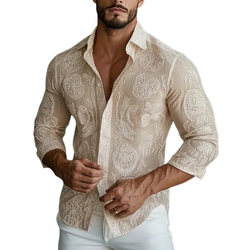 Men's Apricot Cotton and Linen Vintage Embroidery Long Sleeve Shirt 63696803U sold by Manly