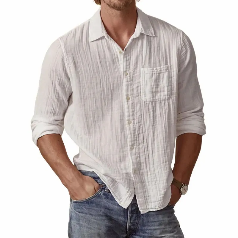 Men's White Casual Ice Silk Wrinkled Long Sleeve Shirt 45878074U sold by Manly