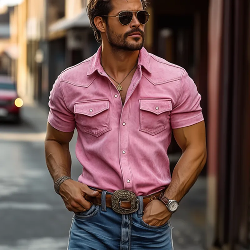 Men's Classic Casual Slim Fit Solid Suede Western Short Sleeve Shirt 10362354K sold by Manly product image thumbnail 3