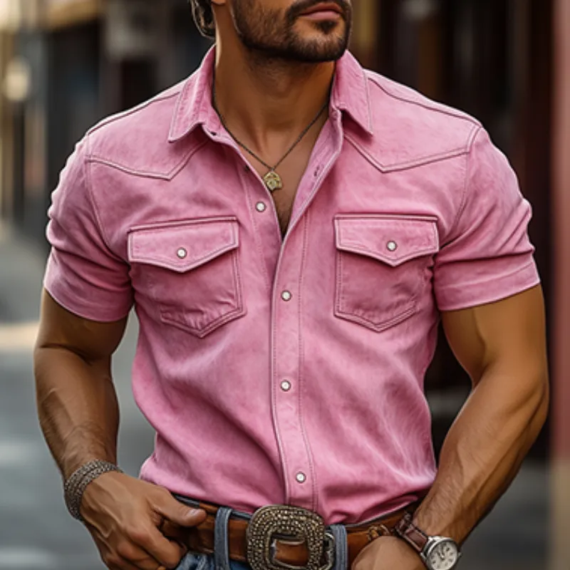 Men's Classic Casual Slim Fit Solid Suede Western Short Sleeve Shirt 10362354K sold by Manly product image thumbnail 4