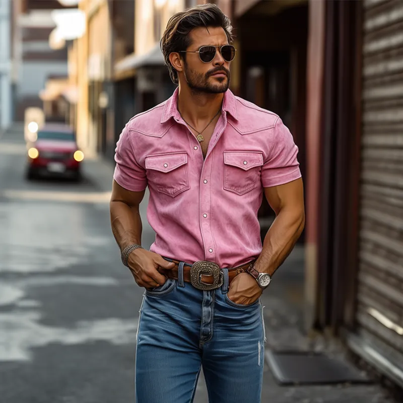 Men's Classic Casual Slim Fit Solid Suede Western Short Sleeve Shirt 10362354K sold by Manly product image thumbnail 2