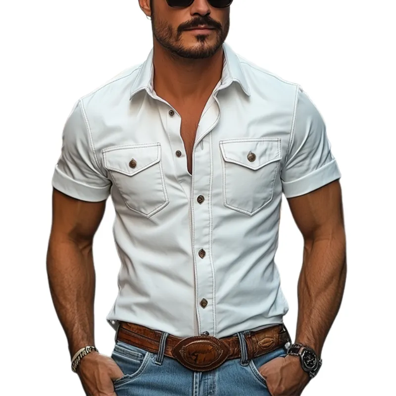 Men's Classic Vintage Slim Fit Leather Western Style Short Sleeve Shirt 89298852K sold by Manly
