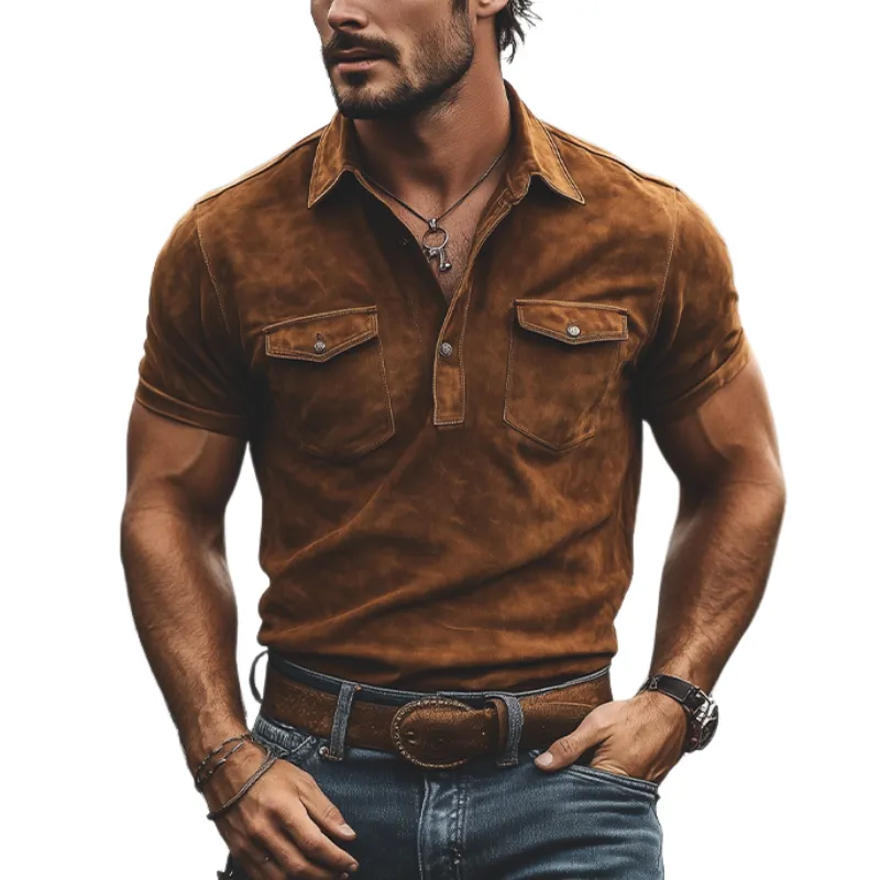 Men's Classic Retro American Casual Slim Fit Multi-pocket Suede POLO Shirt 88805509K sold by Manly