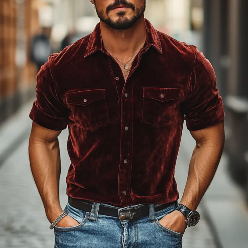 Men's Vintage Velvet Lapel Chest Pocket Slim Fit Short Sleeve Shirt 46278864M sold by Manly product image thumbnail 2