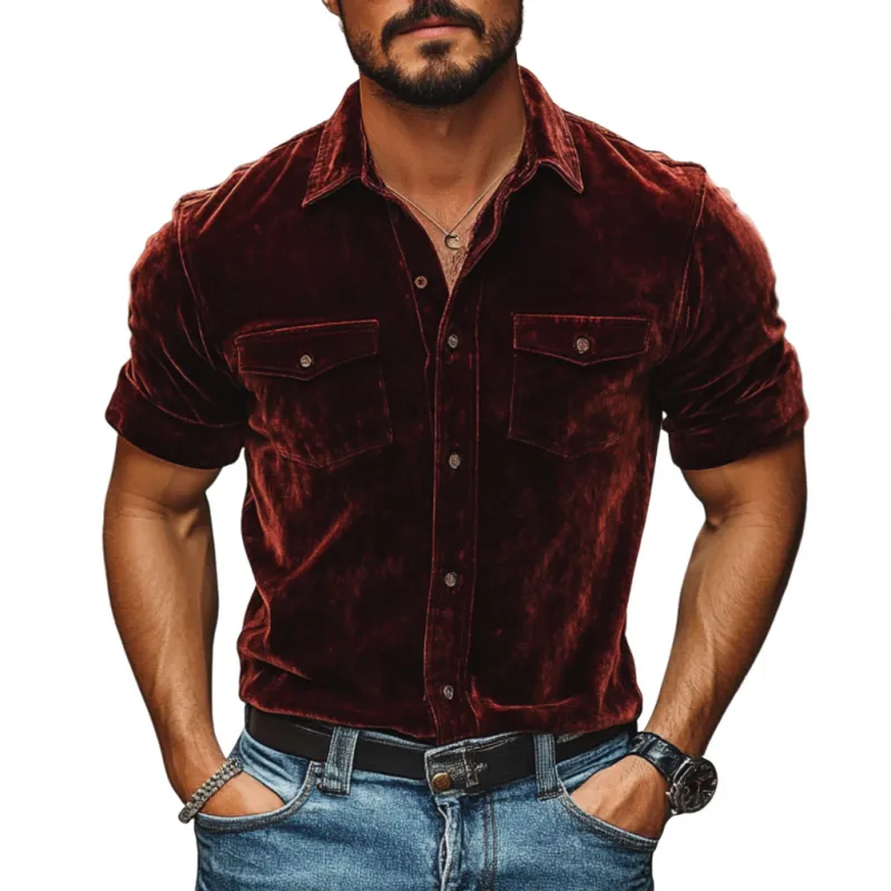 Men's Vintage Velvet Lapel Chest Pocket Slim Fit Short Sleeve Shirt 46278864M sold by Manly