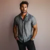 Men's Casual Linen Lapel Slim Fit Short Sleeve Shirt 26571670M sold by Manly