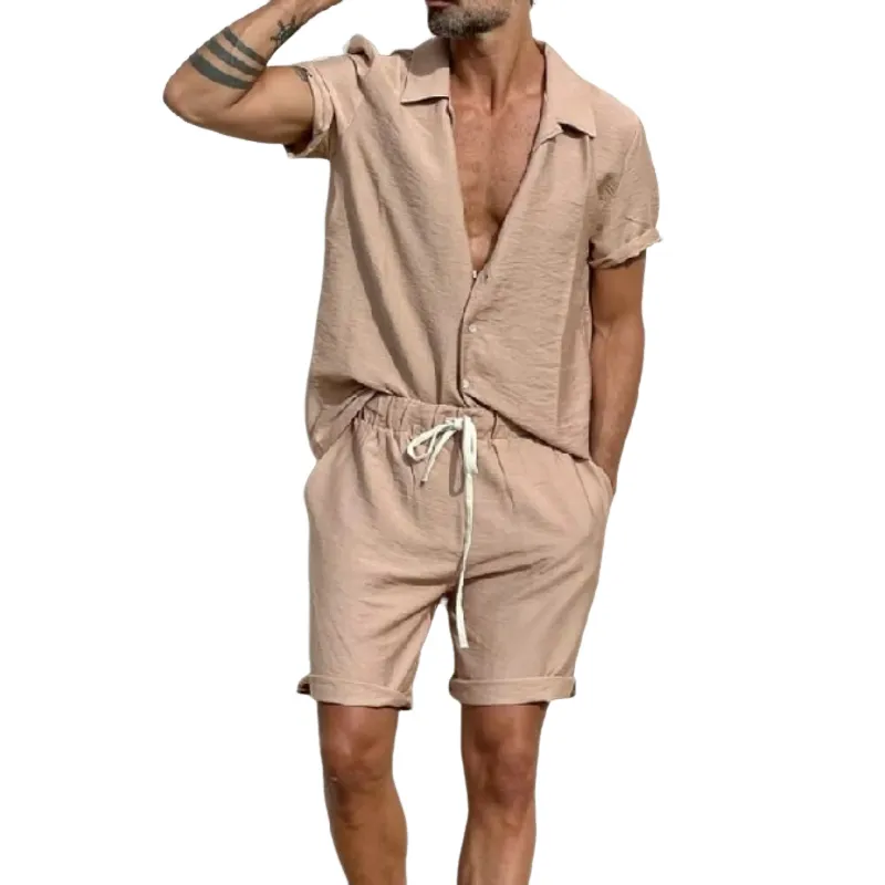 Men's Casual Cotton Linen Lapel Loose Short-sleeved Shirt Elastic Waist Shorts Set 28506232M sold by Manly