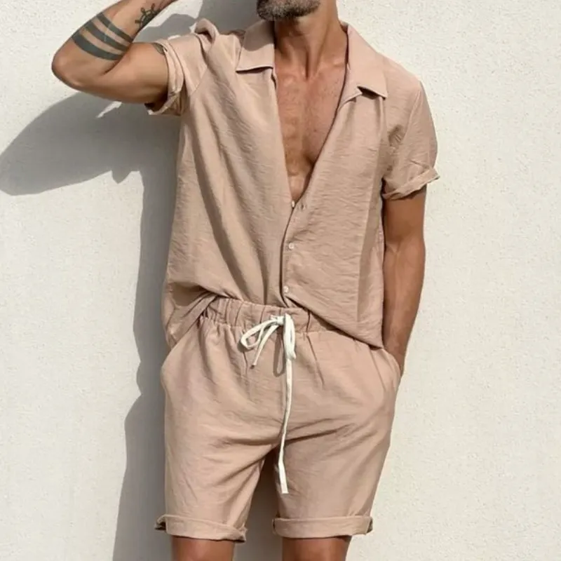Men's Casual Cotton Linen Lapel Loose Short-sleeved Shirt Elastic Waist Shorts Set 28506232M sold by Manly product image thumbnail 4