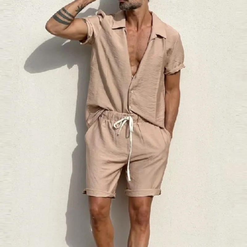 Men's Casual Cotton Linen Lapel Loose Short-sleeved Shirt Elastic Waist Shorts Set 28506232M sold by Manly product image thumbnail 3