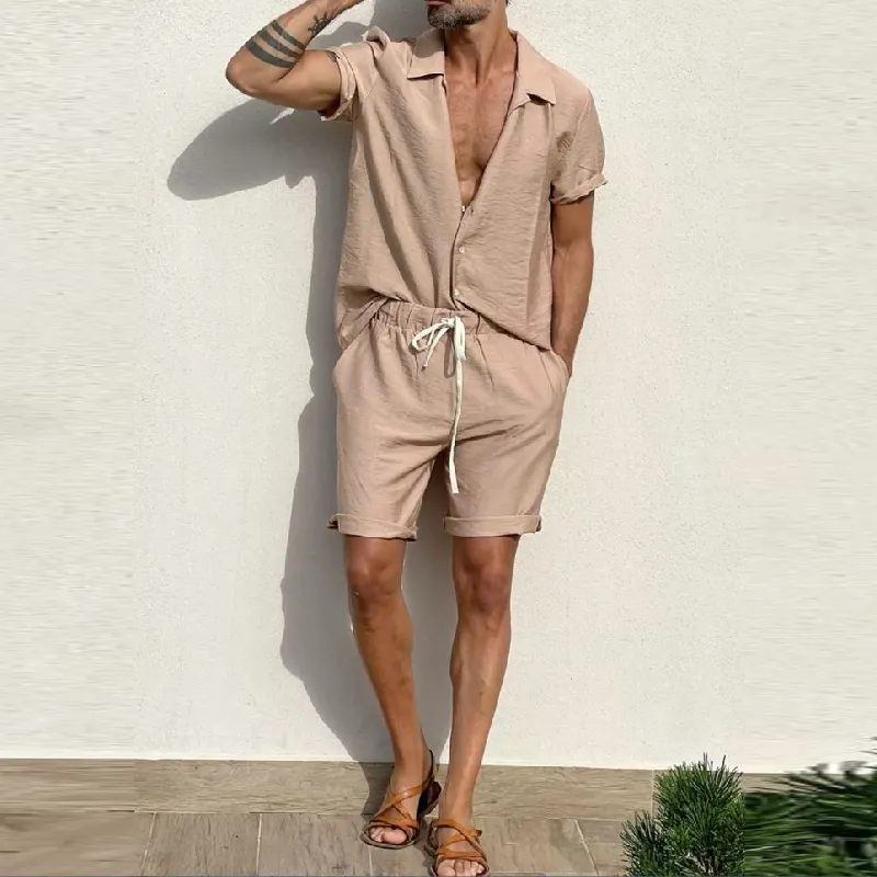 Men's Casual Cotton Linen Lapel Loose Short-sleeved Shirt Elastic Waist Shorts Set 28506232M sold by Manly product image thumbnail 2