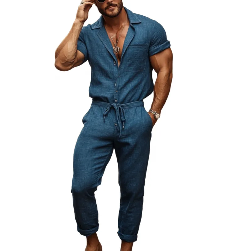 Men's Casual Linen Lapel Patch Pocket Slim Fit Short Sleeve Jumpsuit 65103085M sold by Manly