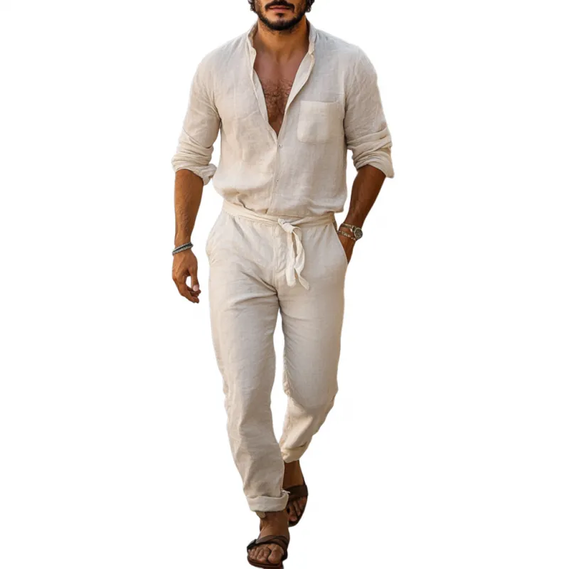 Men's Casual Linen Lapel Patch Pocket Slim Fit Long Sleeve Jumpsuit 21639361M sold by Manly
