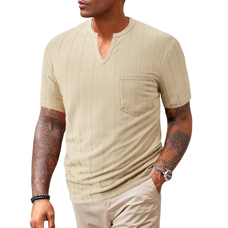 Men's Casual Textured Fabric V-neck Slim Fit Short-sleeved T-shirt 82153641M sold by Manly