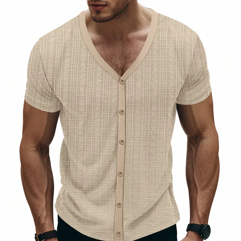 Men's Casual V-neck Single-breasted Slim Fit Short-sleeved T-shirt 92708443M sold by Manly