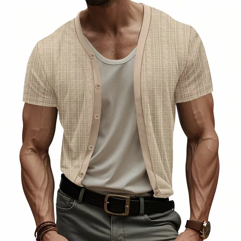 Men's Casual V-neck Single-breasted Slim Fit Short-sleeved T-shirt 92708443M sold by Manly product image thumbnail 2