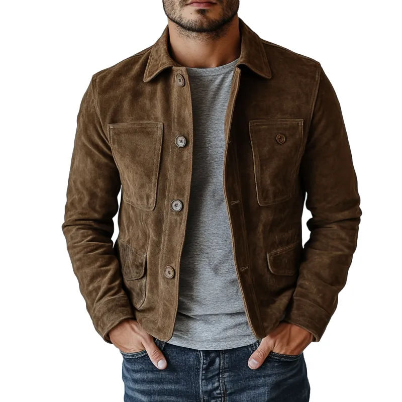 Men's Vintage Suede Buttons Multi-Pocket Lapel Jacket 84627631Y sold by Manly