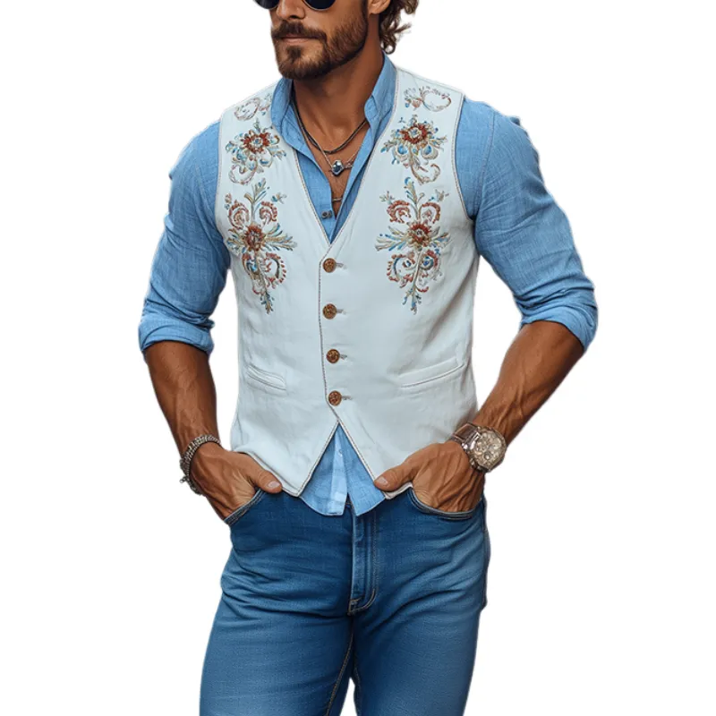 Men's Fashion American Retro Western Embroidered Velvet Vest 55472053K sold by Manly