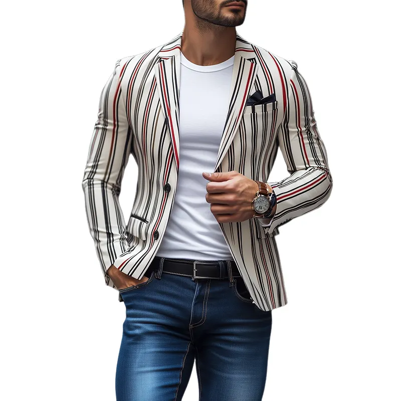 Men's Fashion Spring and Summer Casual Slim Contrast Striped Single-breasted Blazer 05379370K sold by Manly